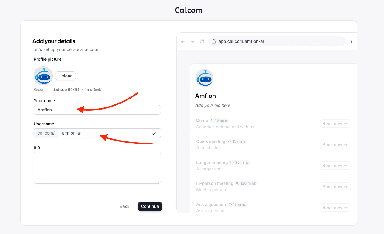Cal.com account details screen with name and username fields highlighted