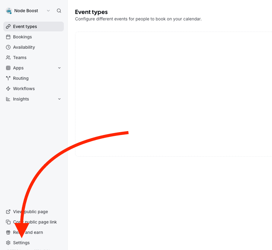 Cal.com dashboard sidebar with Settings highlighted