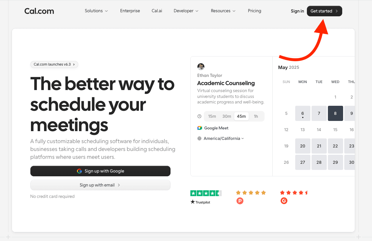 Cal.com homepage with the Get started button highlighted