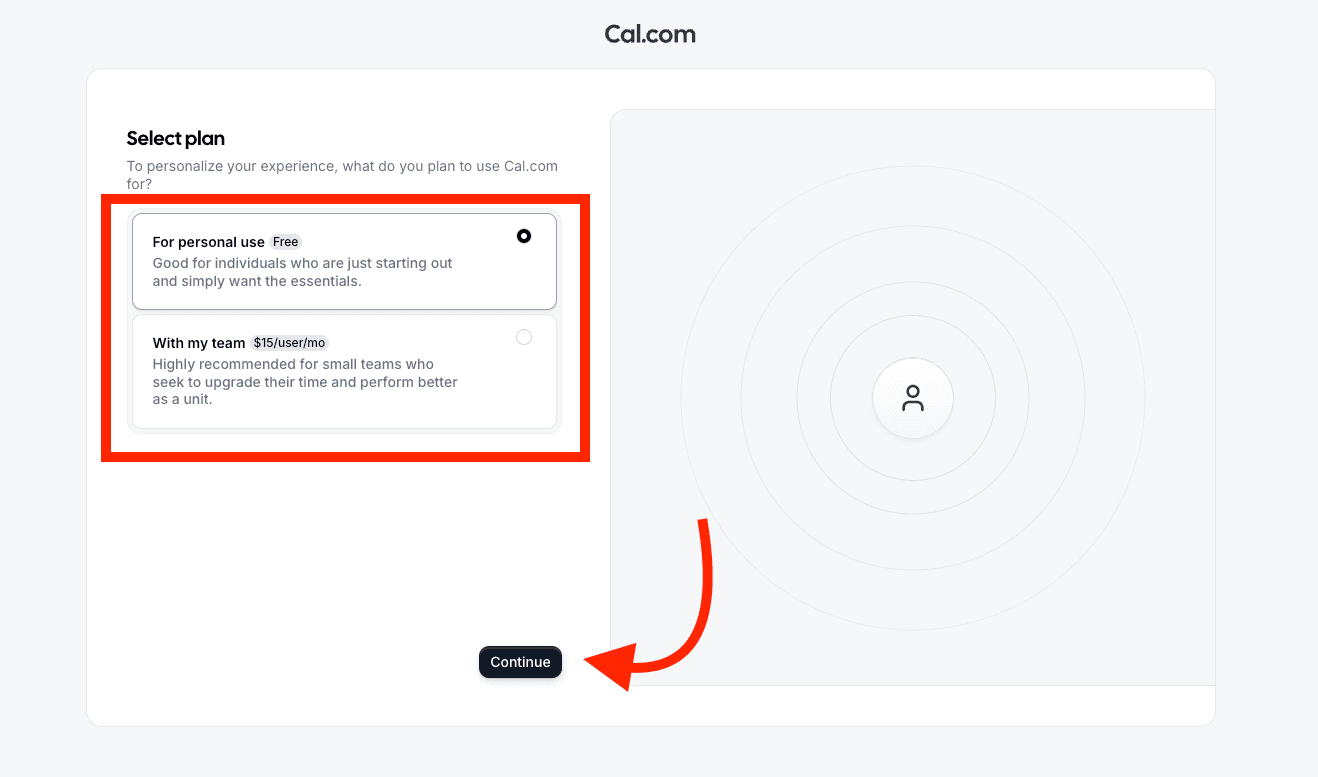 Cal.com plan selection screen with the free personal plan highlighted